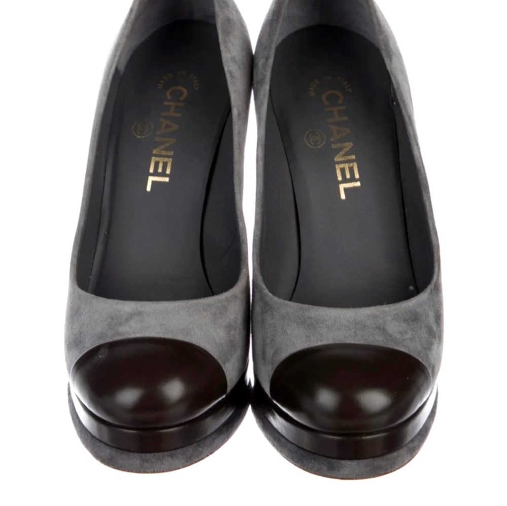 Chanel toe cap, size 81/2. No low bowlers please.